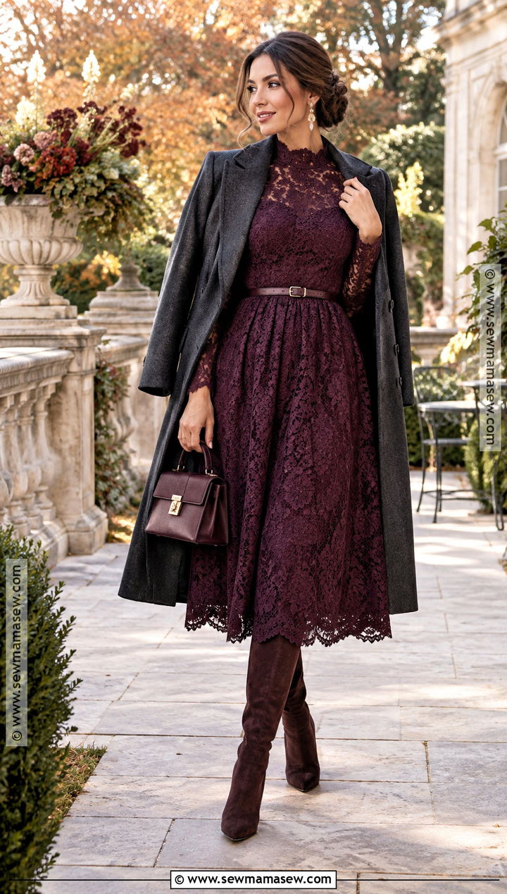 Lace Midi Dress and Suede Boots Autumn Glam Outfit - 15 autumn glam outfit ideas