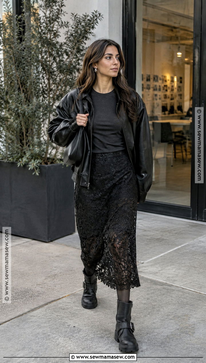 Lace Midi Skirt And Biker Boots Outfit - 15 Fall Skirts And Boots