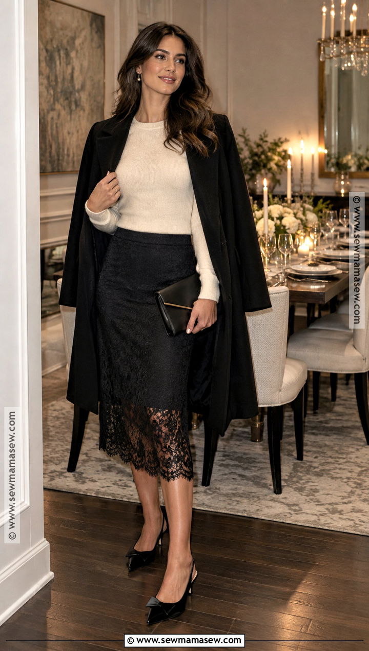 Lace Midi Skirt And Cashmere Sweater Fall Party Outfit - 20 fall party outfits