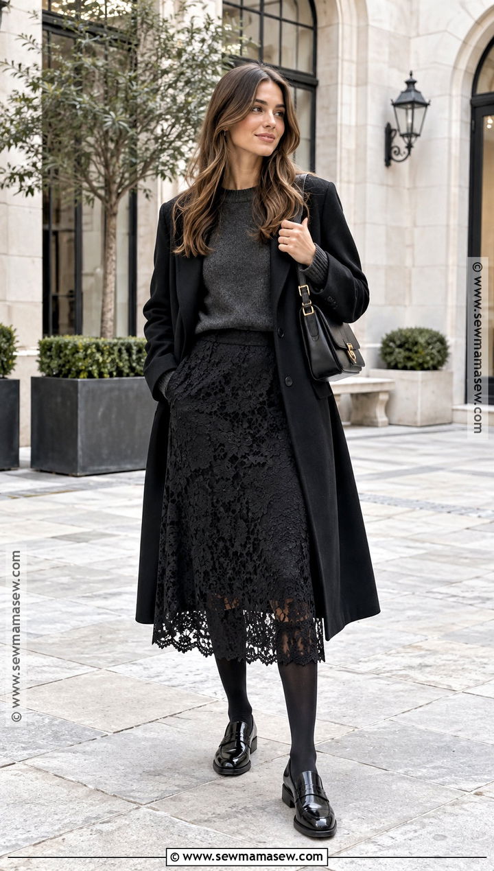 Lace Midi Skirt With Crewneck Sweater - 25 autumn outfits skirt