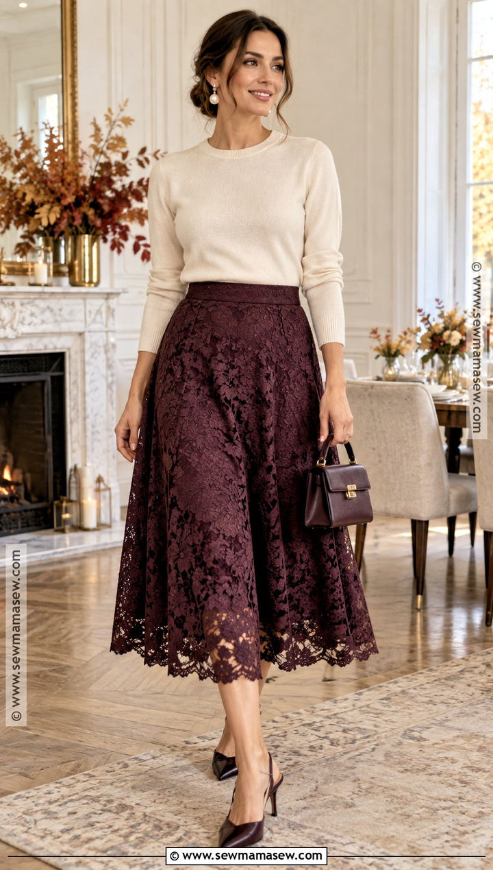 Lace Midi Skirt and Cashmere Sweater Fall Outfit - 15 festive fall outfits