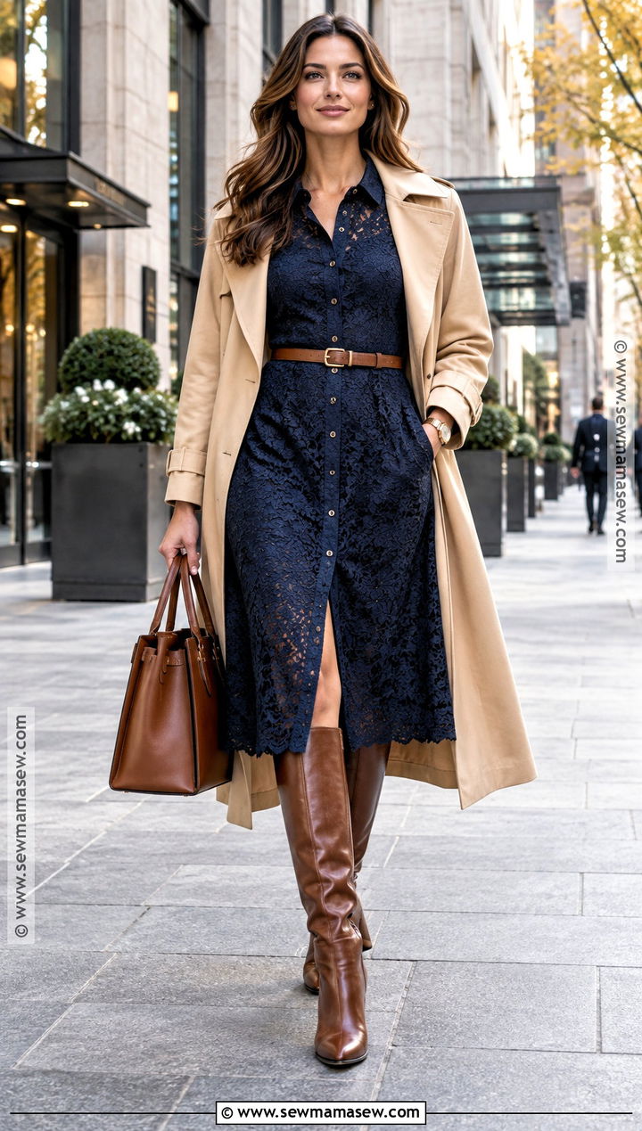 Lace Shirt Dress With Belt And Tall Boots - 15 fall lace dress ideas