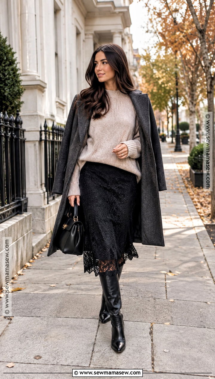 Lace Skirt And Chunky Sweater Fall Outfit - 15 Fall Outfits Women Trendy