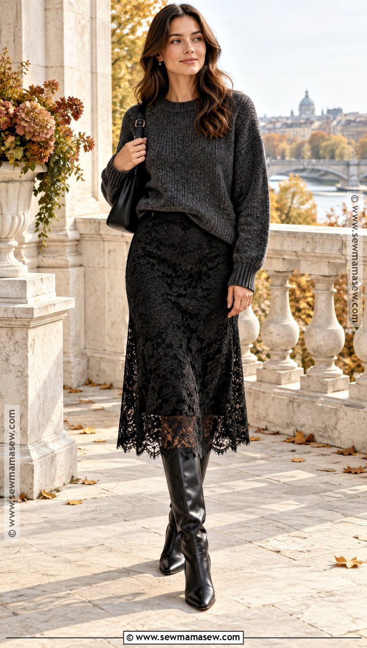 Lace Skirt And Chunky Sweater Outfit - 15 autumn trends 2026 fashion