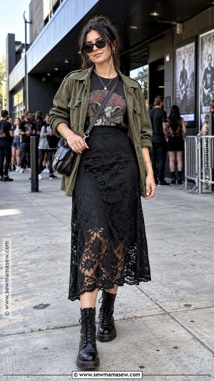 Lace Skirt With Hoodie And Leather Jacket - 20 lace skirt fall outfit ideas