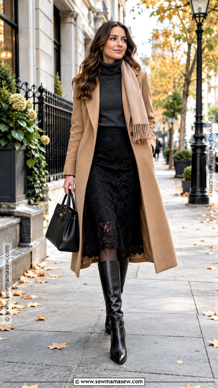 Lace Skirt With Knee High Boots And Wool Coat - 20 lace skirt fall outfit ideas