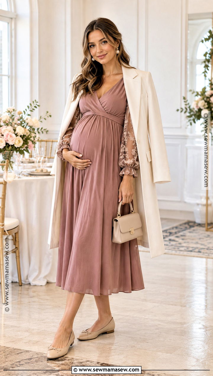 Lace Sleeve Maternity Dress With Ballet Flats - 20 fall maternity dress outfits