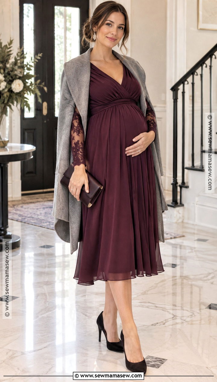 Lace Sleeve Maternity Midi Dress Outfit - 15 dressy maternity outfits fall