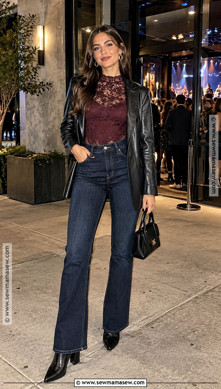 Lace Top And High Waisted Jeans Autumn Night Out Outfit - 20 night out autumn outfit ideas