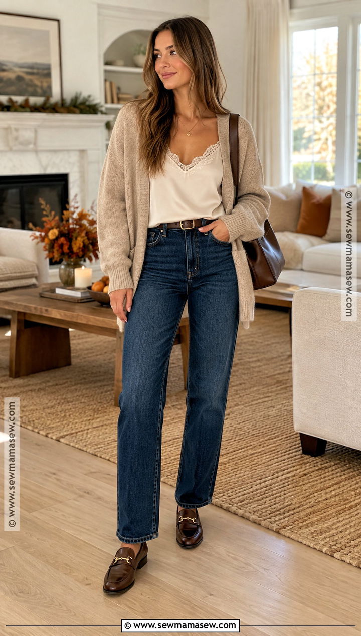 Lace Trim Camisole With Cardigan and Jeans - 20 Thanksgiving Lace Styles