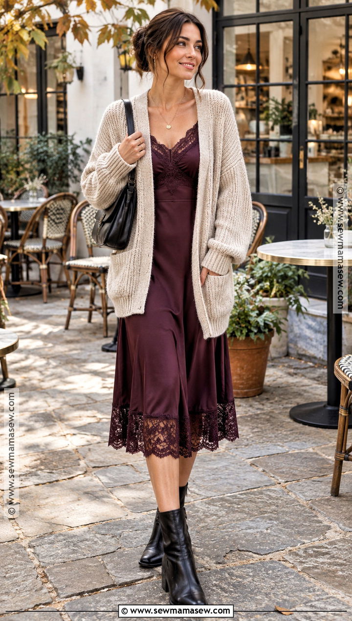 Lace Trim Dress And Chunky Cardigan Outfit - 25 dress fall outfits