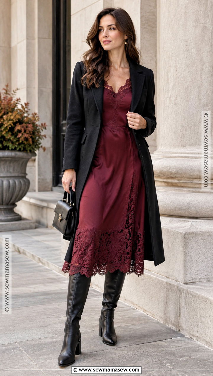 Lace Trim Dress And Knee High Boots Fall Outfit - 15 affordable fall fashion trends