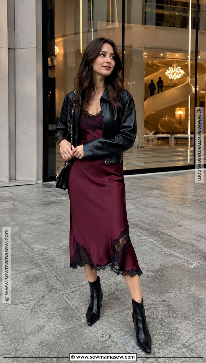 Lace Trim Dress And Leather Jacket Fall Date Outfit - 15 cute date fall outfits