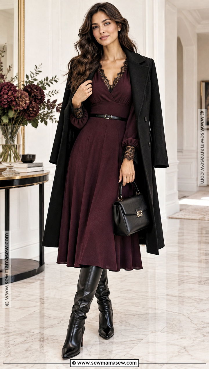 Lace Trim Dress and Knee High Boots Outfit - 15 Cute Fall Dressy Outfits