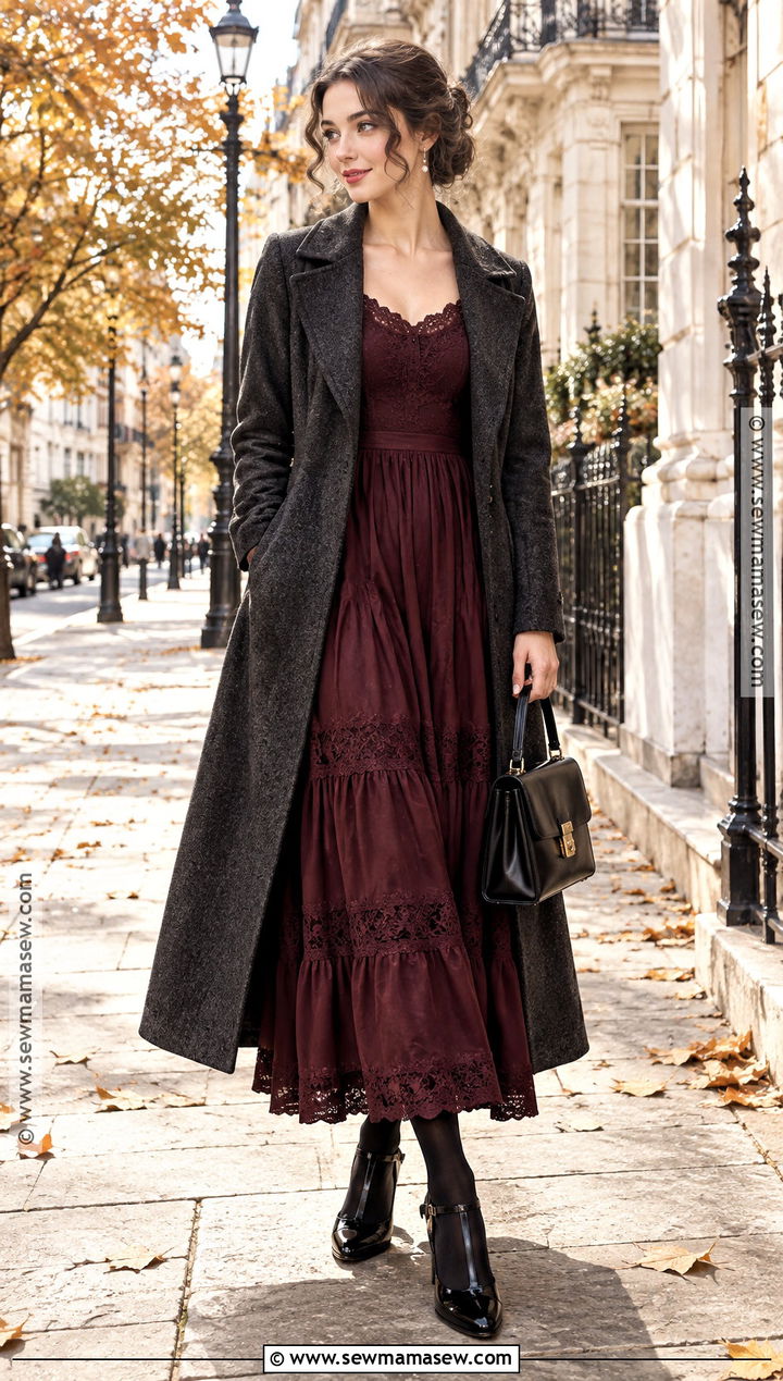 Lace Trim Maxi Autumn Dress With Wool Coat - 25 autumn dress ideas