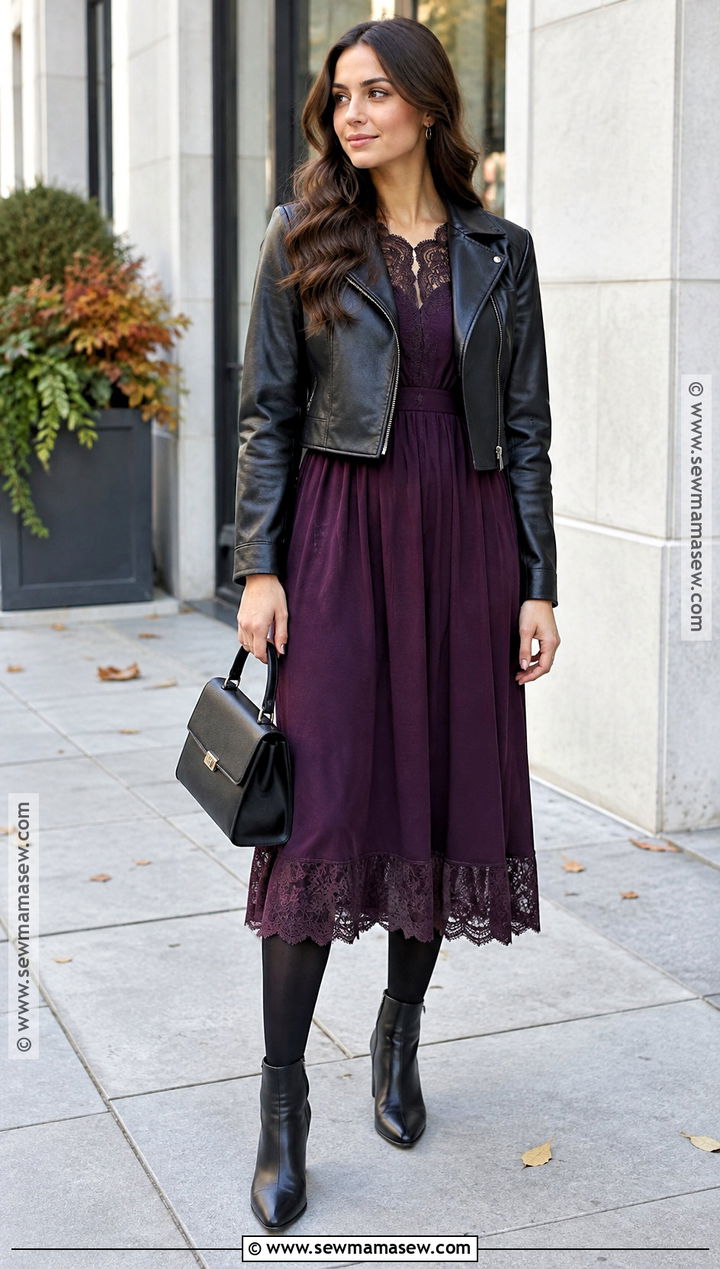 Lace Trim Midi Dress With Leather Jacket - 15 best fall dresses