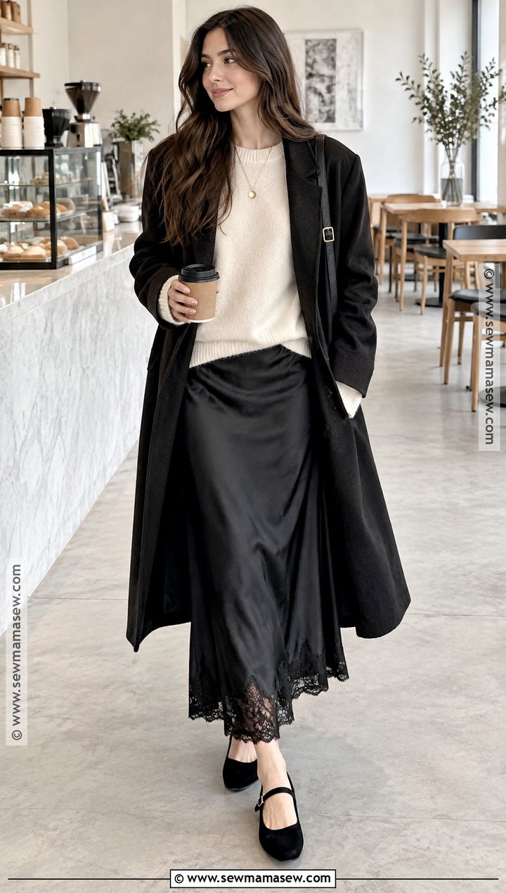Lace Trim Skirt With Oversized Knit And Ballet Flats - 25 fall outfit skirt ideas