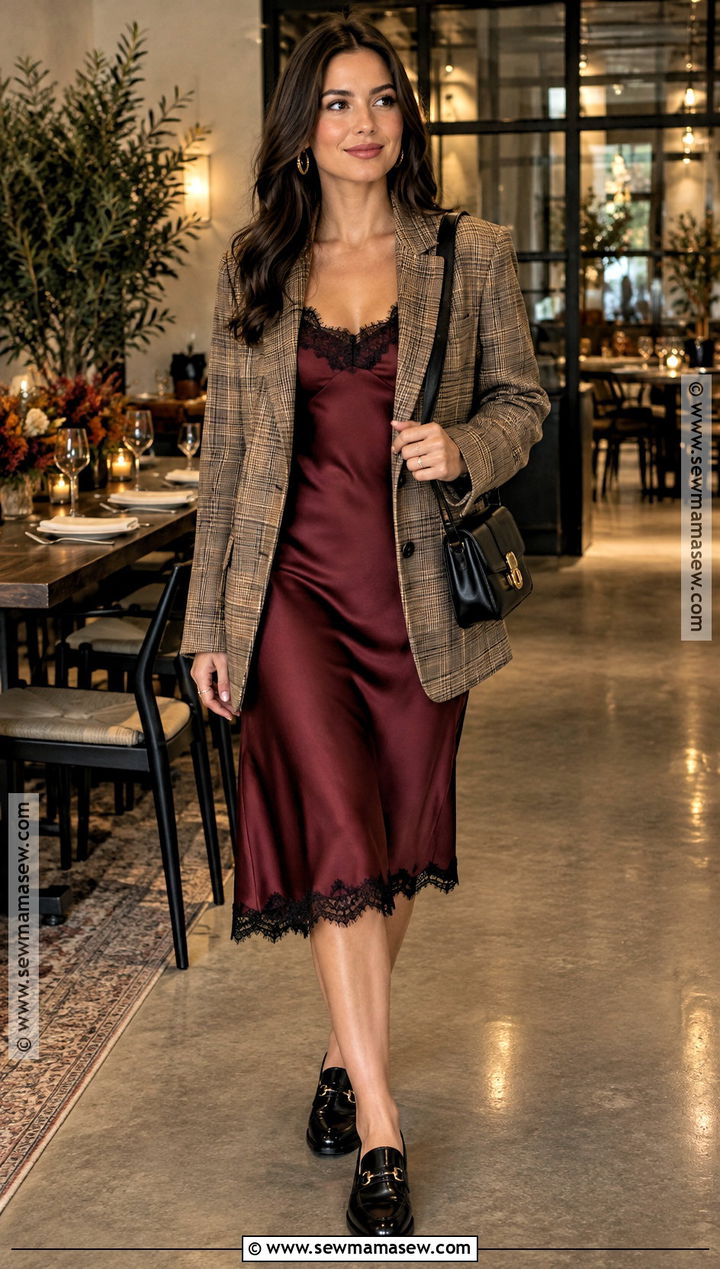 Lace Trim Slip Dress With Oversized Blazer - 20 Thanksgiving Lace Styles