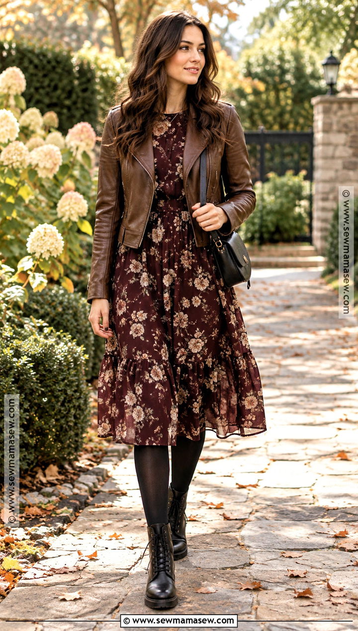 Lace Up Boots With Floral Midi Dress Outfit - 20 cute shoes for fall
