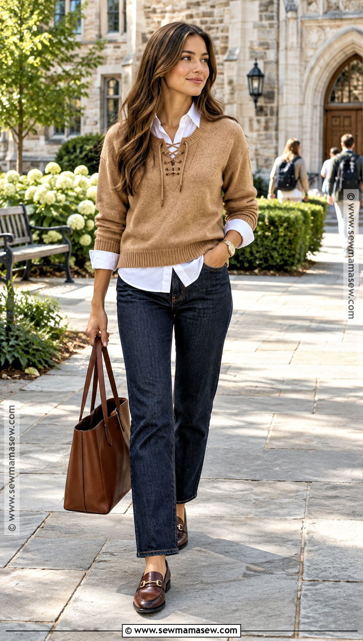 Lace Up Sweater Over A White Shirt With Jeans - 15 Lace-Up Sweater Fall Style Ideas