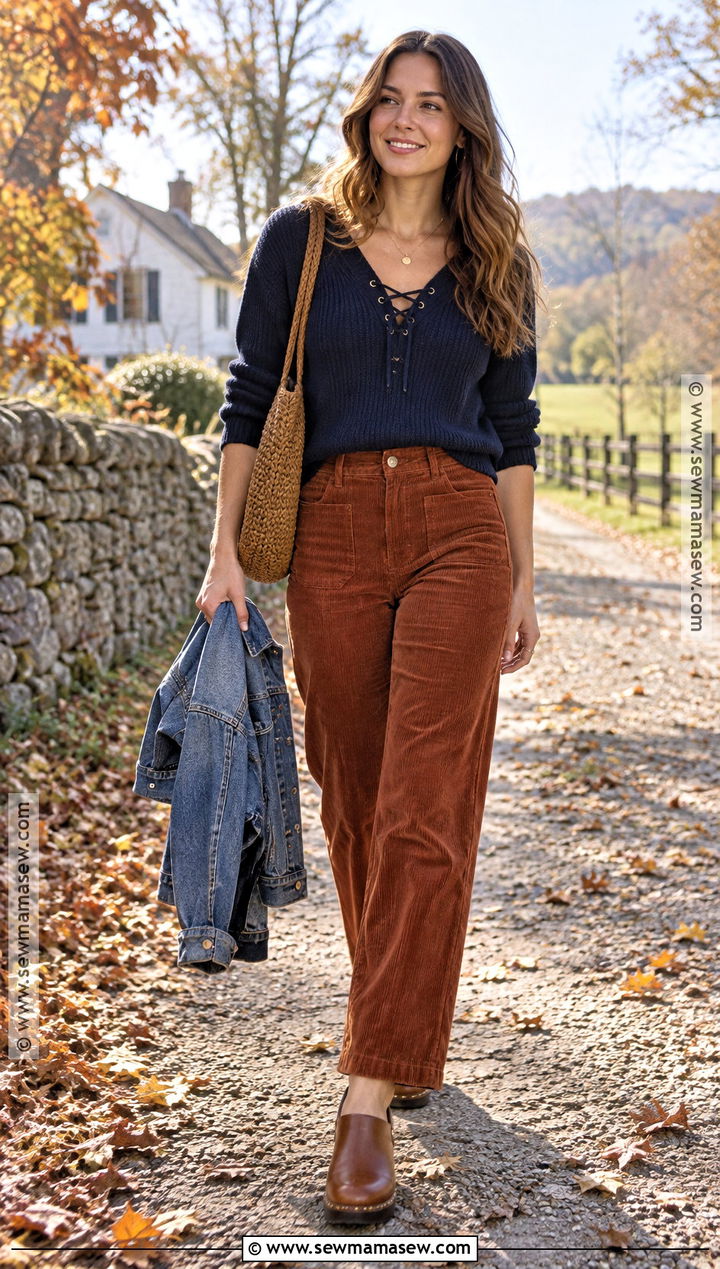 Lace Up Sweater With Corduroy Pants And Clogs - 15 Lace-Up Sweater Fall Style Ideas