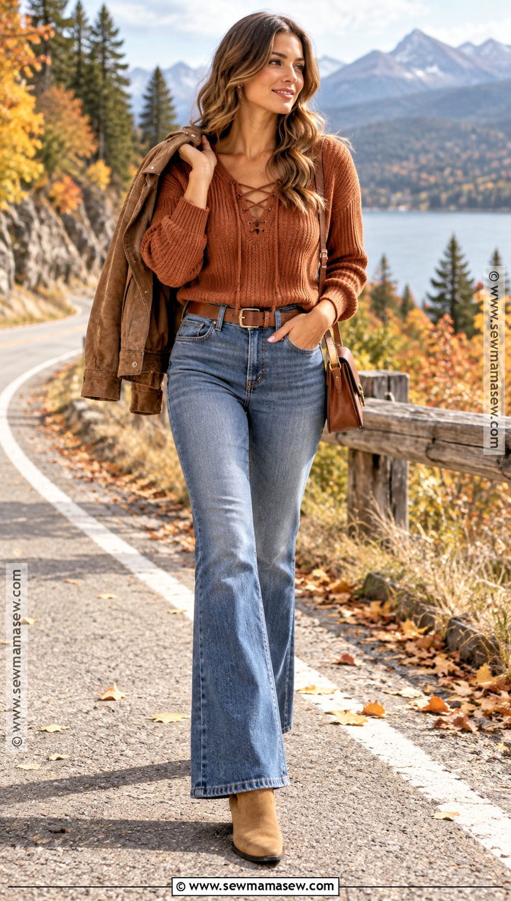 Lace Up Sweater With Flare Jeans And Western Boots - 15 Lace-Up Sweater Fall Style Ideas