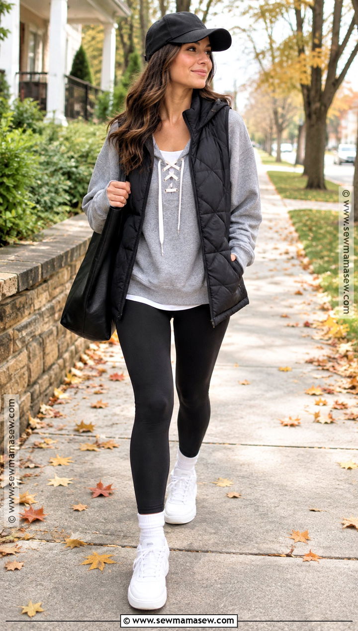 Lace Up Sweater With Leggings And White Sneakers - 15 Lace-Up Sweater Fall Style Ideas