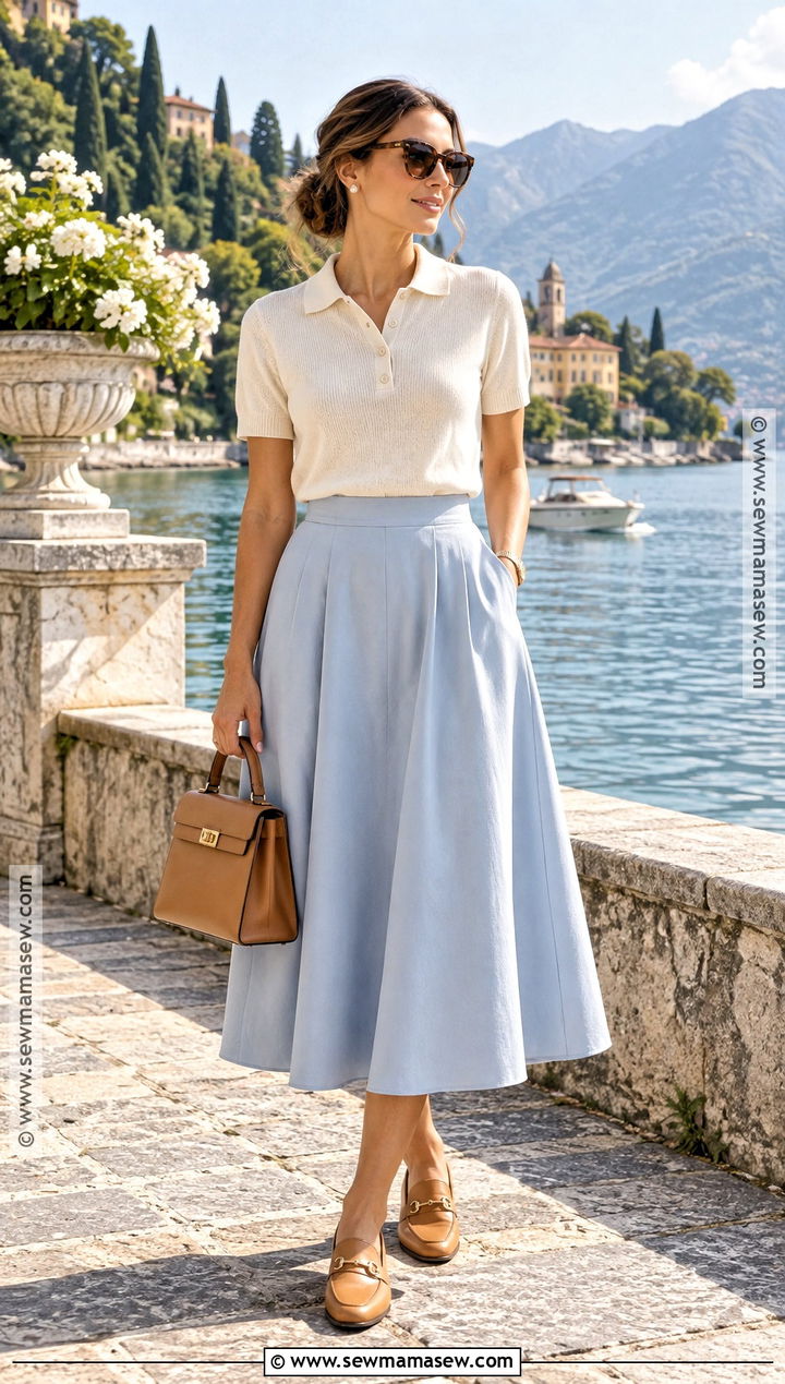 Lake Como Knit Polo and Midi Skirt Outfit - 20 outfits for italy in september
