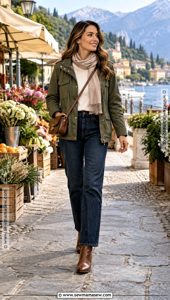 Lake Como October Utility Jacket And Straight Jeans Outfit - 15 Lake Como October Outfit Ideas