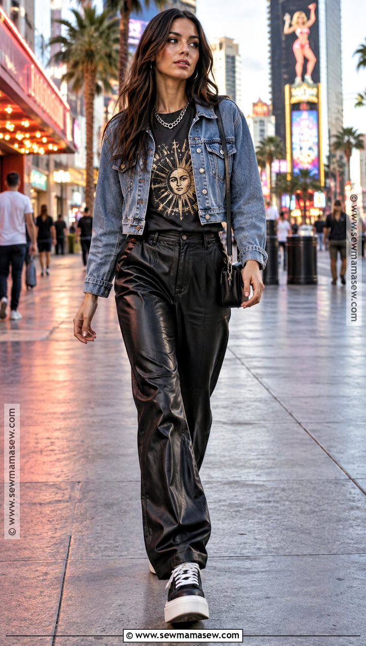 Las Vegas Fall Graphic Tee and Faux Leather Pants Outfit - 20 las vegas fall outfit ideas