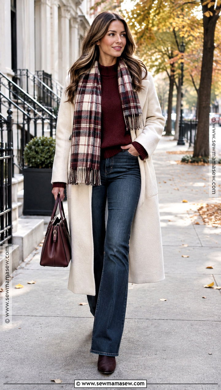 Late Fall Cream Coat And Burgundy Sweater Outfit - 25 late fall outfits