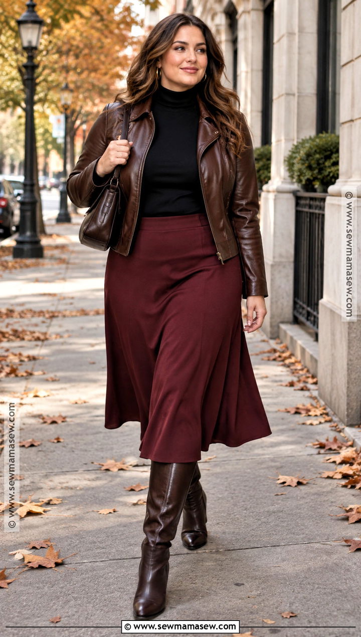 Late Fall Leather Jacket And Midi Skirt Outfit - 25 late fall outfits