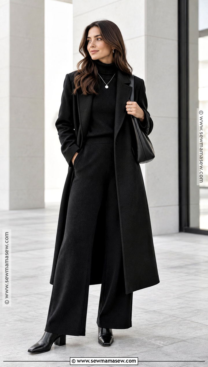Late Fall Monochrome Black Coat And Knit Pants Outfit - 25 late fall outfits