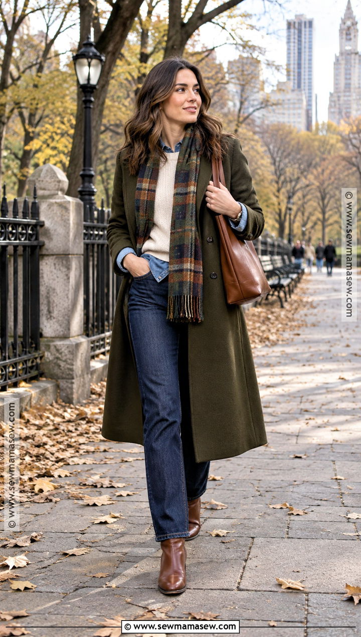 Late Fall Olive Coat And Layered Denim Outfit - 25 late fall outfits