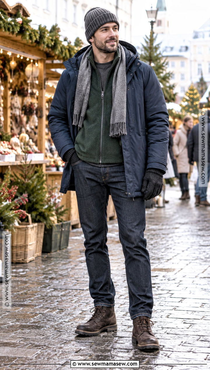 Late Fall Outdoor Outfit With Parka and Dark Jeans - 15 mens fall outdoor outfits