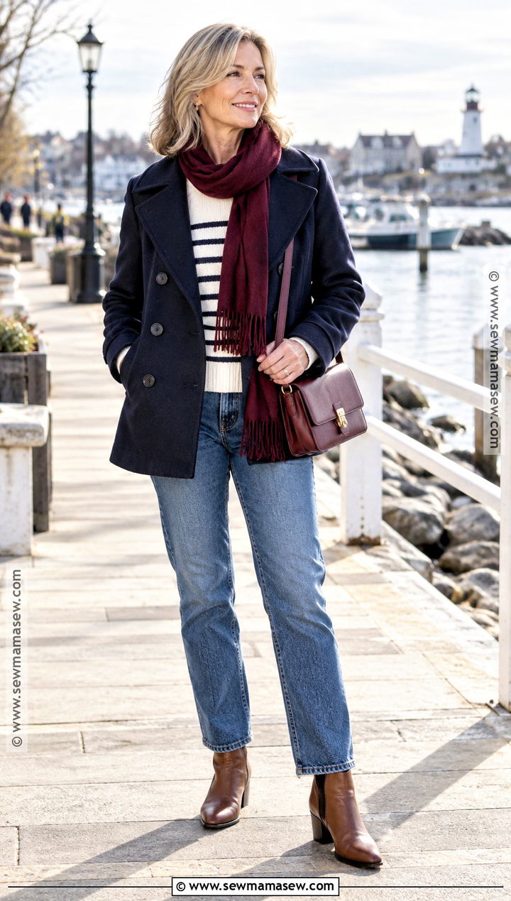 Late Fall Peacoat And Striped Sweater Outfit - 25 late fall outfits