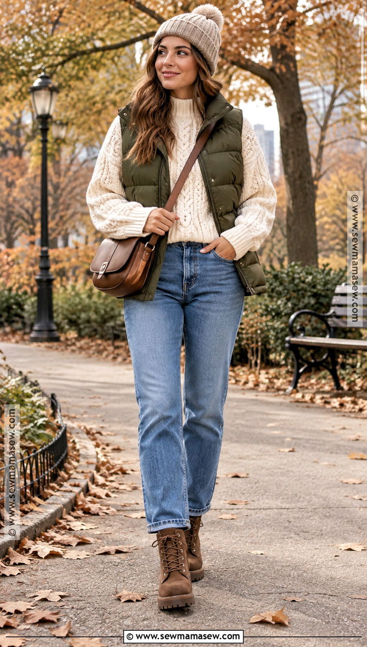 Late Fall Puffer Vest And Cable Knit Sweater Outfit - 25 late fall outfits