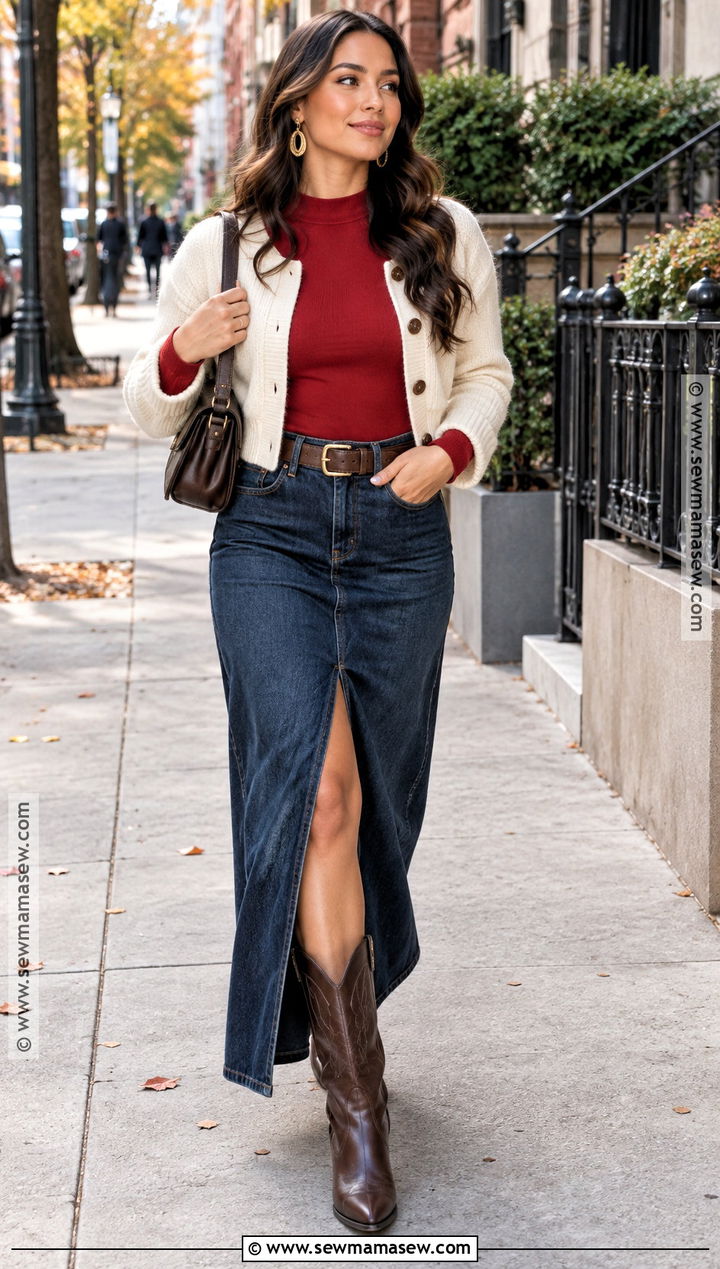 Latina Fall Outfit With A Denim Maxi Skirt - 25 fall outfits latina