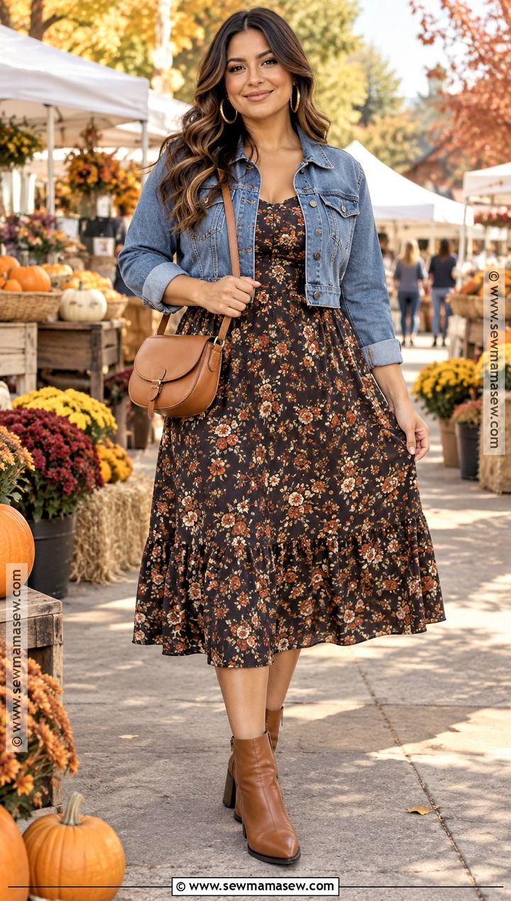Latina Fall Outfit With Denim Jacket And Midi Dress - 20 latina fall outfit ideas