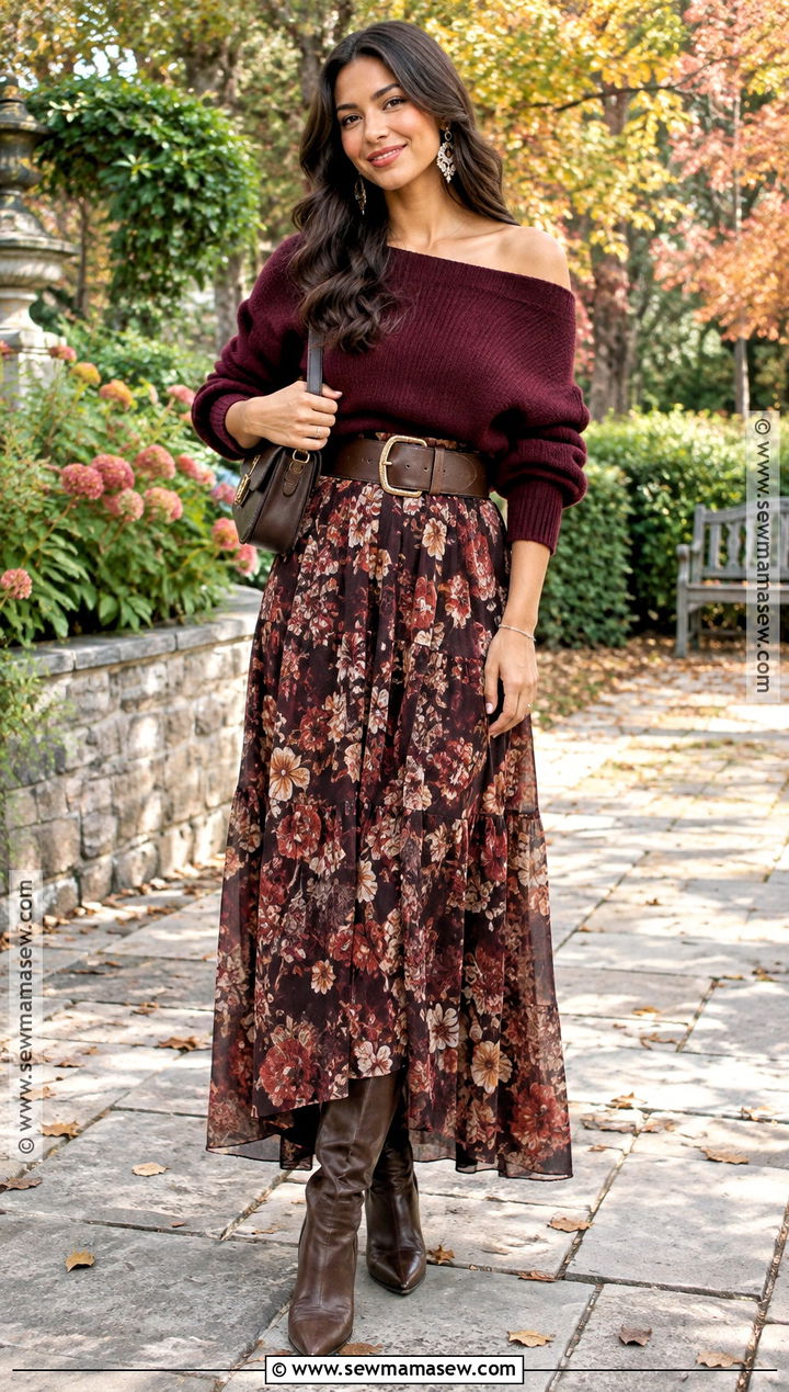 Latina Fall Outfit With Off Shoulder Sweater And Maxi Skirt - 20 latina fall outfit ideas