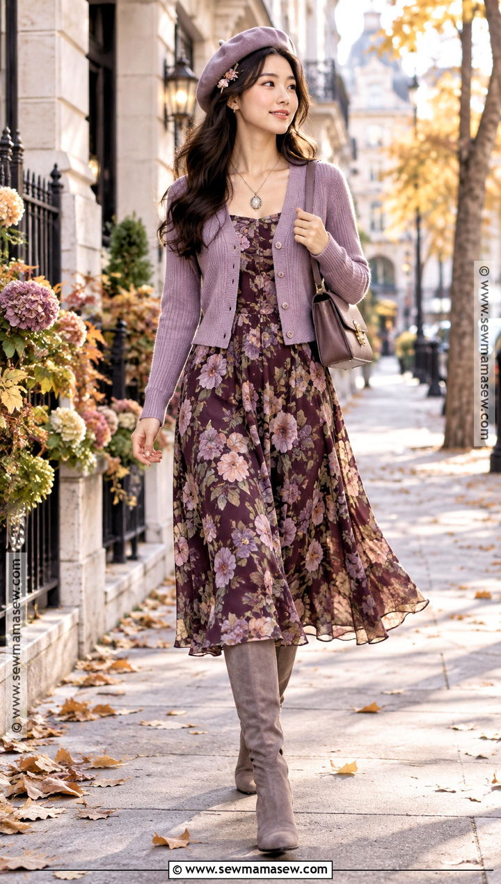 Lavender Cardigan And Floral Dress Fall Princess Outfit - 15 Fall Princess Outfit Ideas