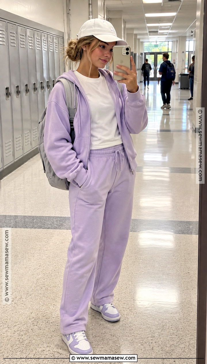 Lavender Hoodie And Matching Joggers Back To School Outfit - 15 Colorful Back To School Outfits