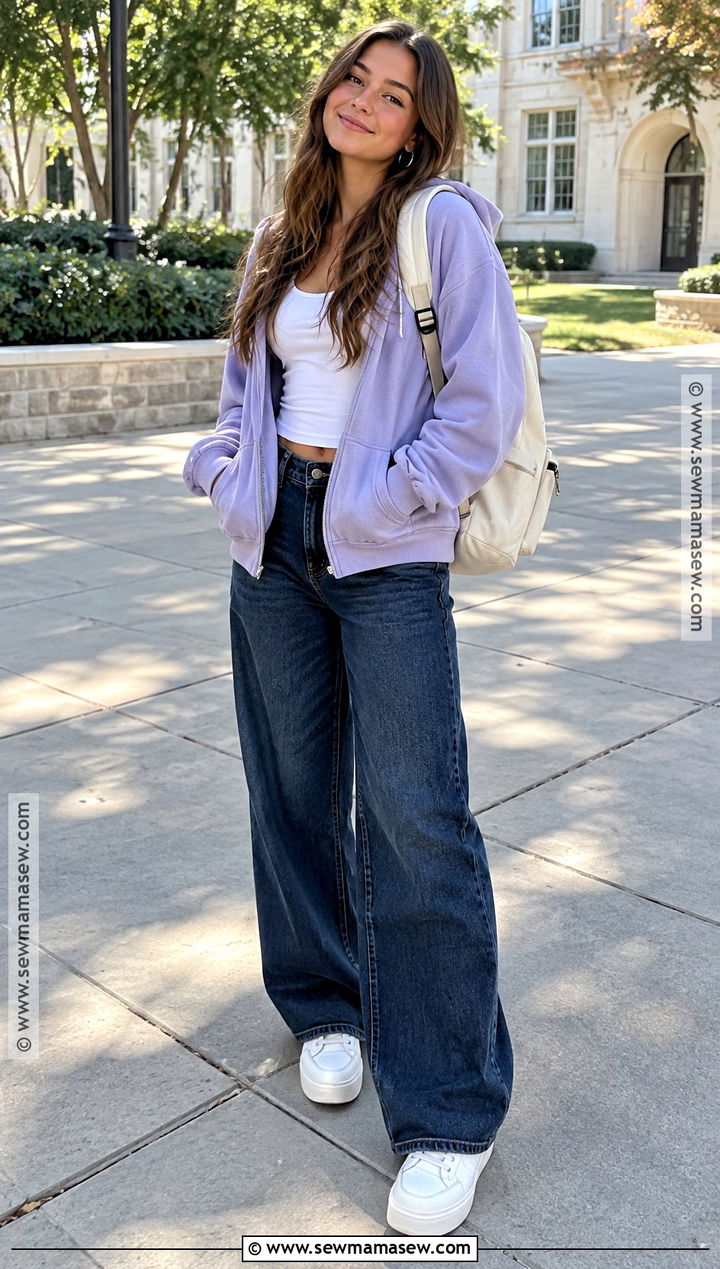 Lavender Hoodie With Wide Leg Jeans - 20 purple back to school outfits
