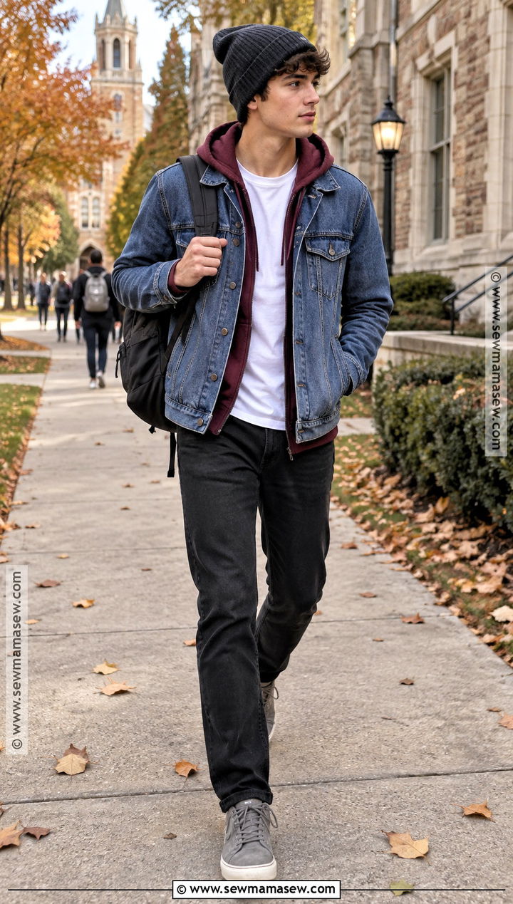 Layered Denim Jacket Autumn Outfit - 15 autumn aesthetic clothes for men