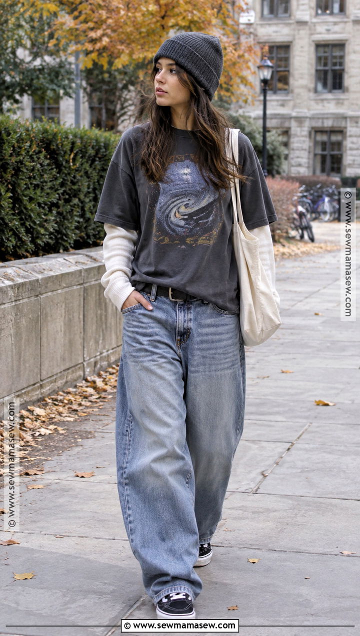 Layered Tshirt With Thermal Top And Baggy Jeans - 20 fall tshirt ideas