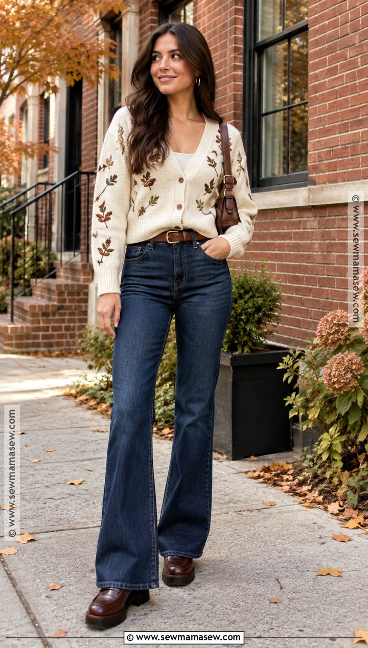 Leaf Cardigan With Flare Jeans - 15 fall leaf sweater ideas