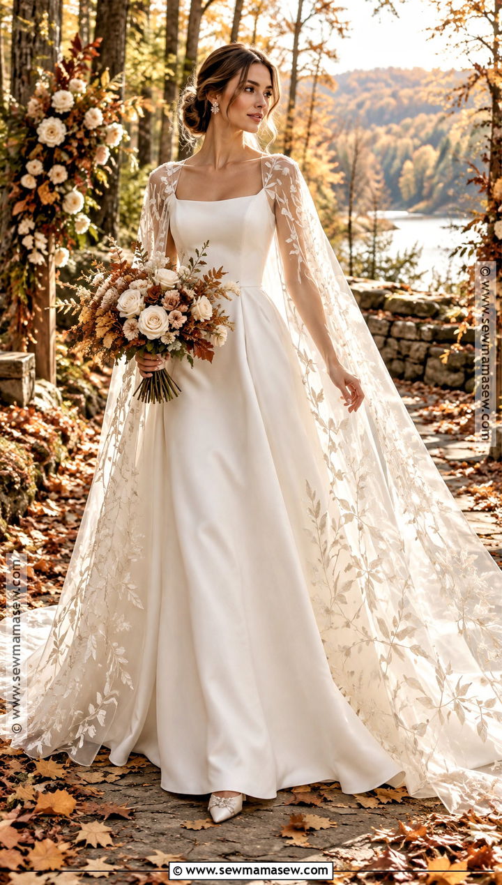 Leaf Embroidered Wedding Dress With Cape - 15 Autumn Leaf Wedding Dress Ideas