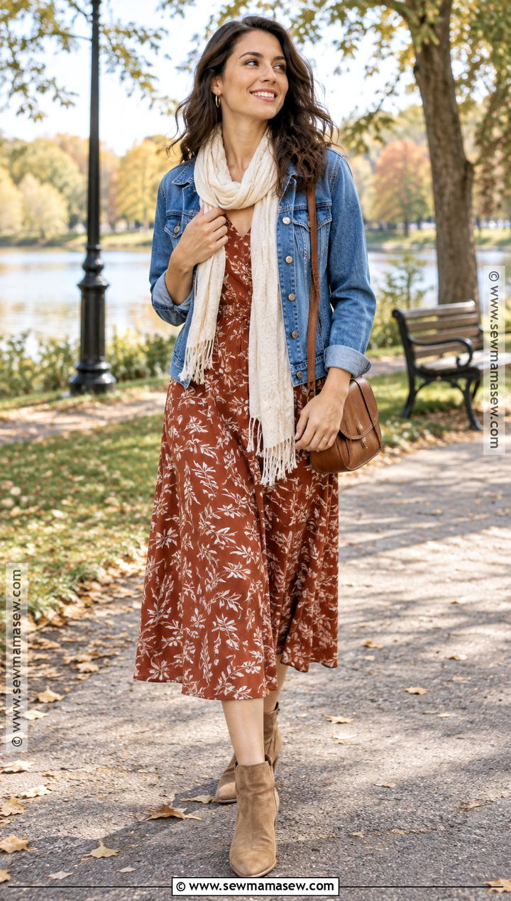 Leaf Print Dress And Denim Jacket Outfit - 15 Fall Leaf Dress Ideas