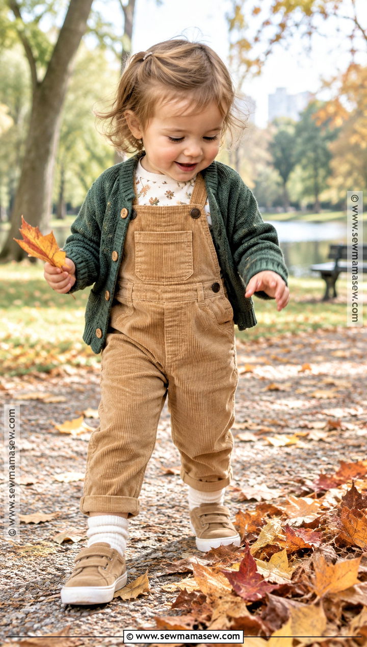 Leaf Print Shirt And Brown Overalls Fall Toddler Outfit - 15 fall themed toddler clothing ideas