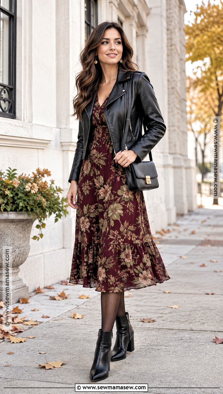 Leather Ankle Boots With a Floral Midi Dress - 15 Leather Ankle Boots Fall Style